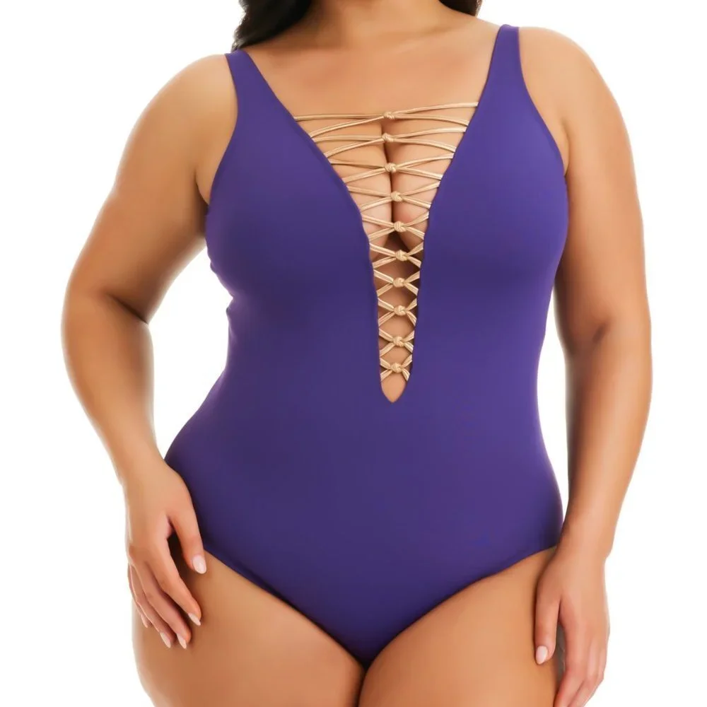 Bleu by Rod Beattie Kore One Piece High Neck Lace Down Swimsuit Purple Size 16W - Picture 1 of 13
